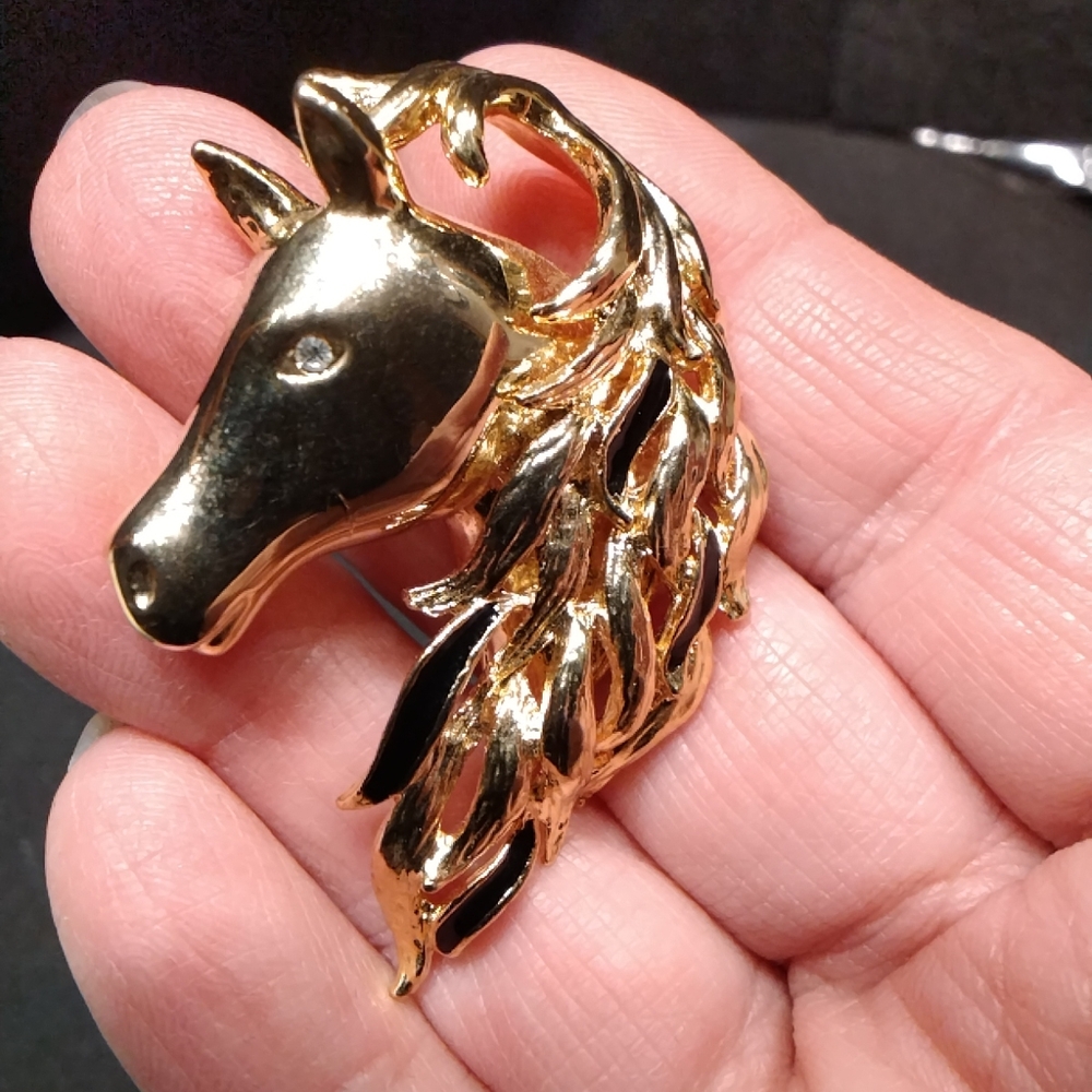 Gold Horse Head Brooch with Black Accents